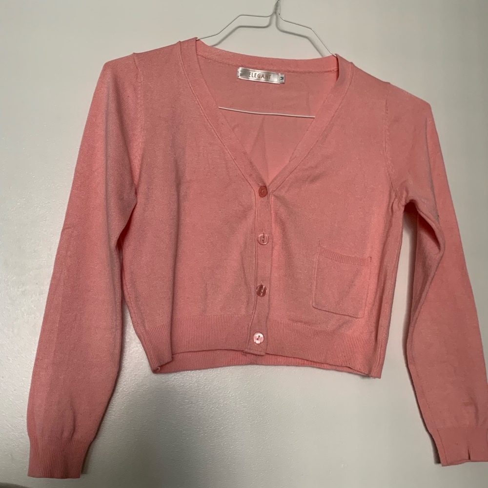 ELEGANT Pink Knit Button Pocket V-Neck Cardigan Sweater Long Sleeve,size like XS